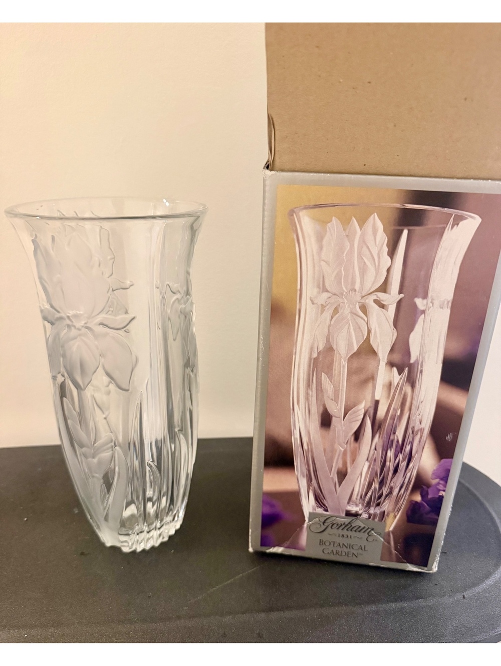 Vintage Gorham Botanical Garden Iris Crystal Flower Vase 10" - In Original Box